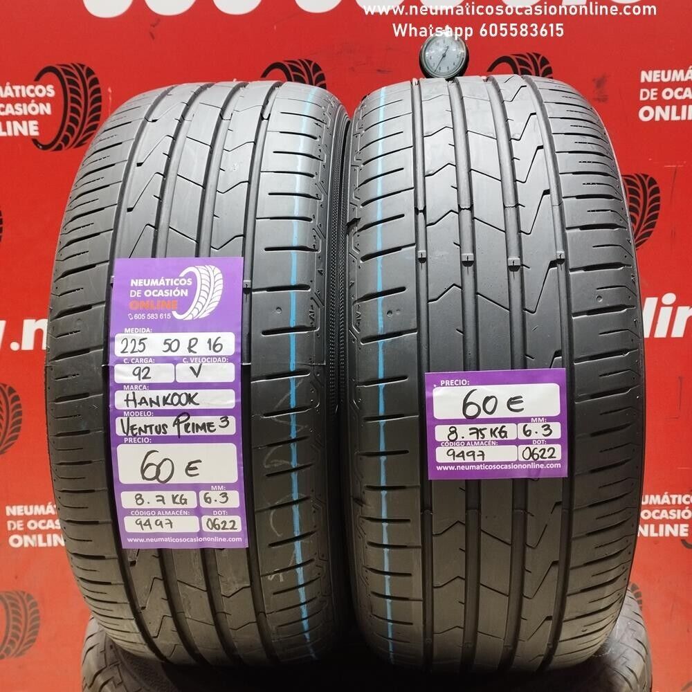 [Ref.9497] 2x 225 50 R16 92V HANKOOK VENTUS PRIME3  6.3/6.3mm REF:9497