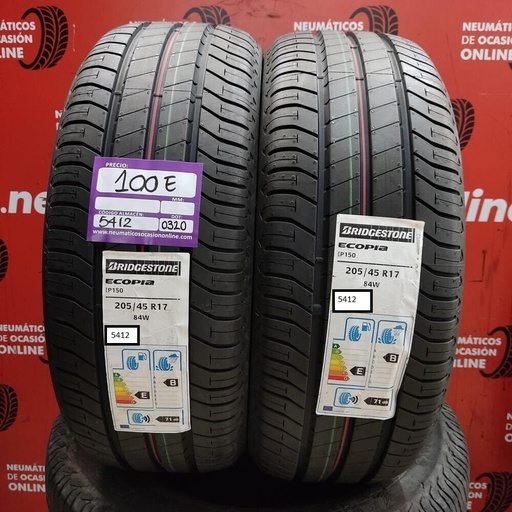 [Ref.5412] 2x 205 45 R17 84W 8.0/8.0mm Bridgestone Ecopia EP150 Ref.5412