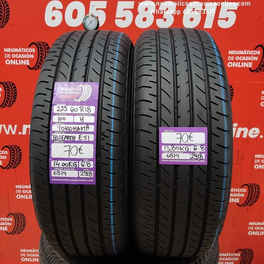[Ref.6829] 2x 225 60 R18 100H 6.8/6.8mm Yokohama Bluearth E51 Ref.2918
