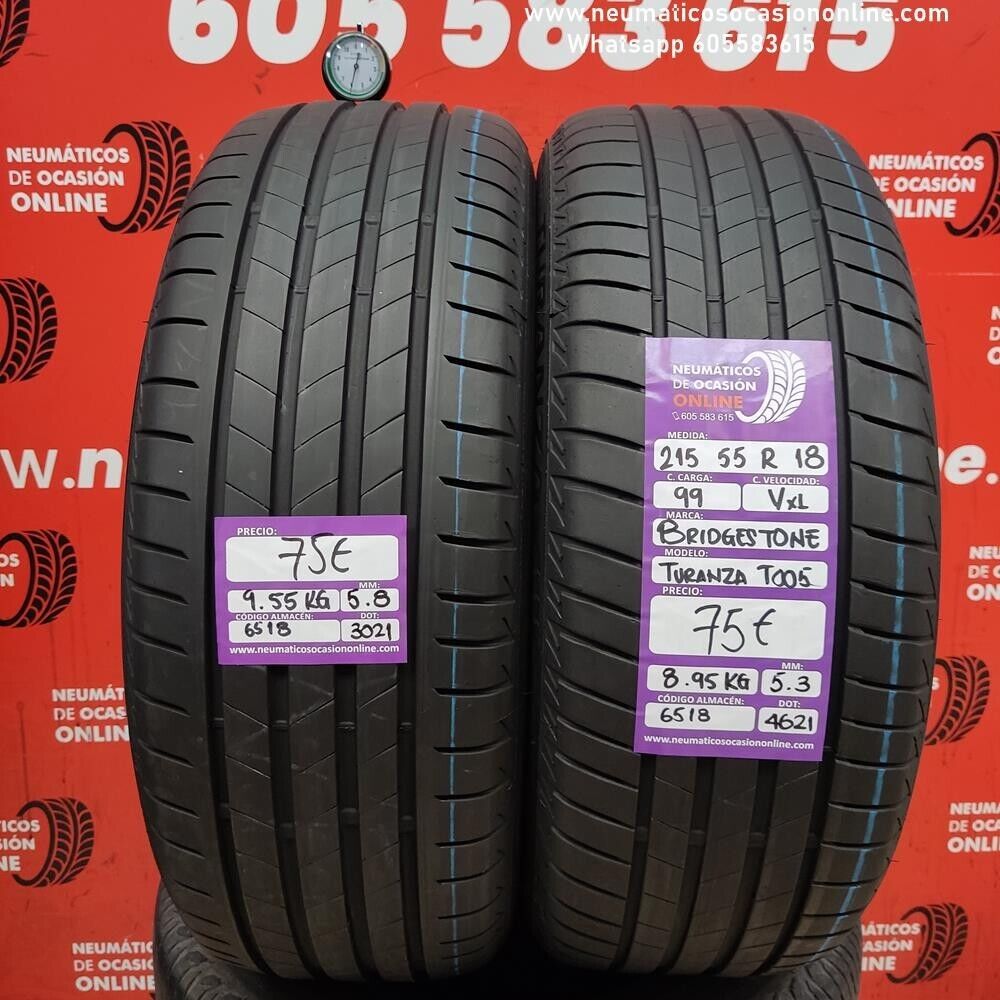 [Ref.6518] 2x 215 55 R18 99V XL 5.8/5.3mm Bridgestone Turanza Too5 Ref.6518