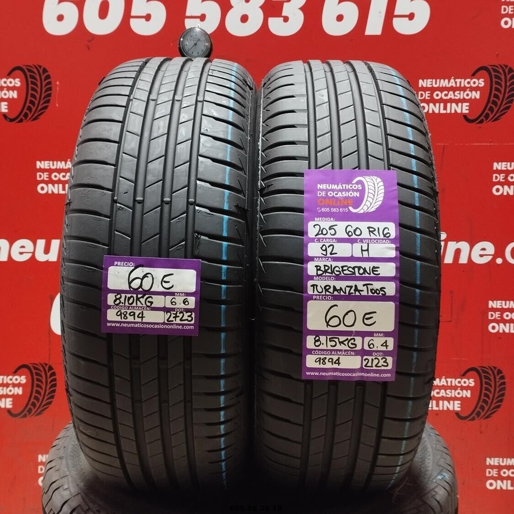 2x 205 60 R16 92H BRIDGESTONE TURANZA T005 6.4/6.6mm REF:9894