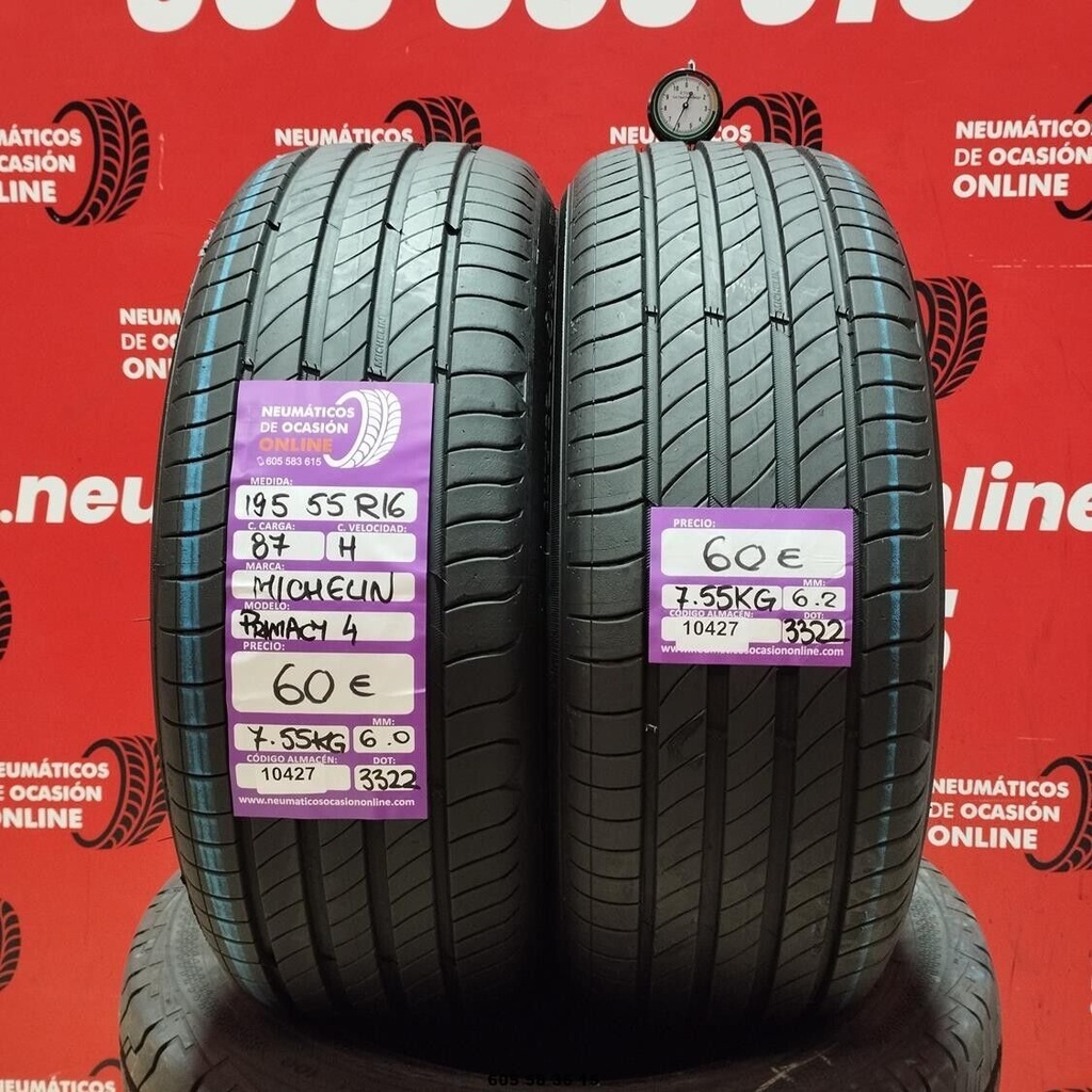 2x 195 55 R16 87H MICHELIN PRIMACY4 6.0/6.2mm REF:10427