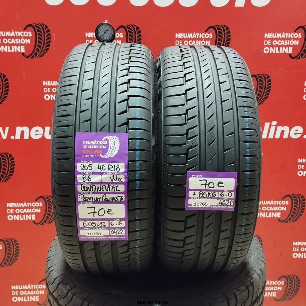 2x 205 40 R18 86WXL CONTINENTAL PREMIUM CONTACT6 6.6/6.0mm REF:10768