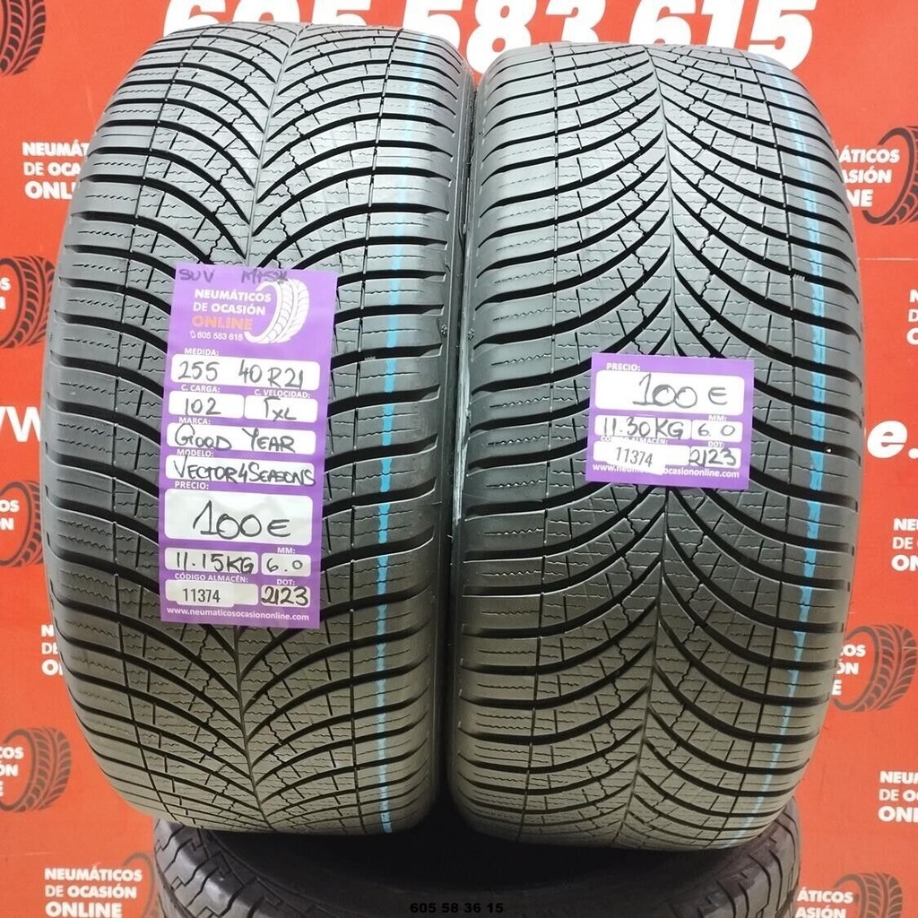 2x 255 40 R21 102TXL GOODYEAR VECTOR 4SEASONS SUV M+S* 6.0/6.0mm REF:11374