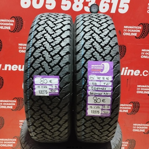 [Ref: 12275] 2x 225 75 R16 108TXL GRIPMAX A/T 7,8/8,0 mm REF:12275