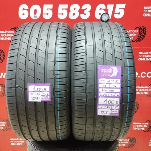 [Ref:13551] 2x 295 40 ZR20 110Y XL HANKOOK VENTUS S1 EVO 3 5.2/5.2MM REF. 13551