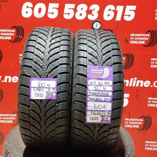 [Ref:13722] 2x 205 60 R16 92H BRIDGESTONE BLIZZAK LN-32 M+S* MO  5.3/5.8MM REF. 13722
