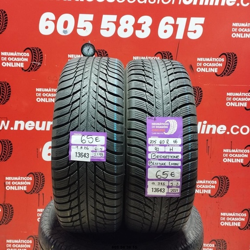 [Ref:13643] 2x 205 60 R16 92H BRIDGESTONE BLIZZAK LM005 6.5/5.3MM REF. 13643