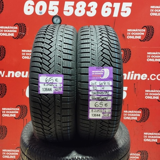 [Ref:13644] 2x 205 60 R16 92H CONTINENTAL WINTER CONTACT  M+S* 6.7/6.0MM REF. 13644